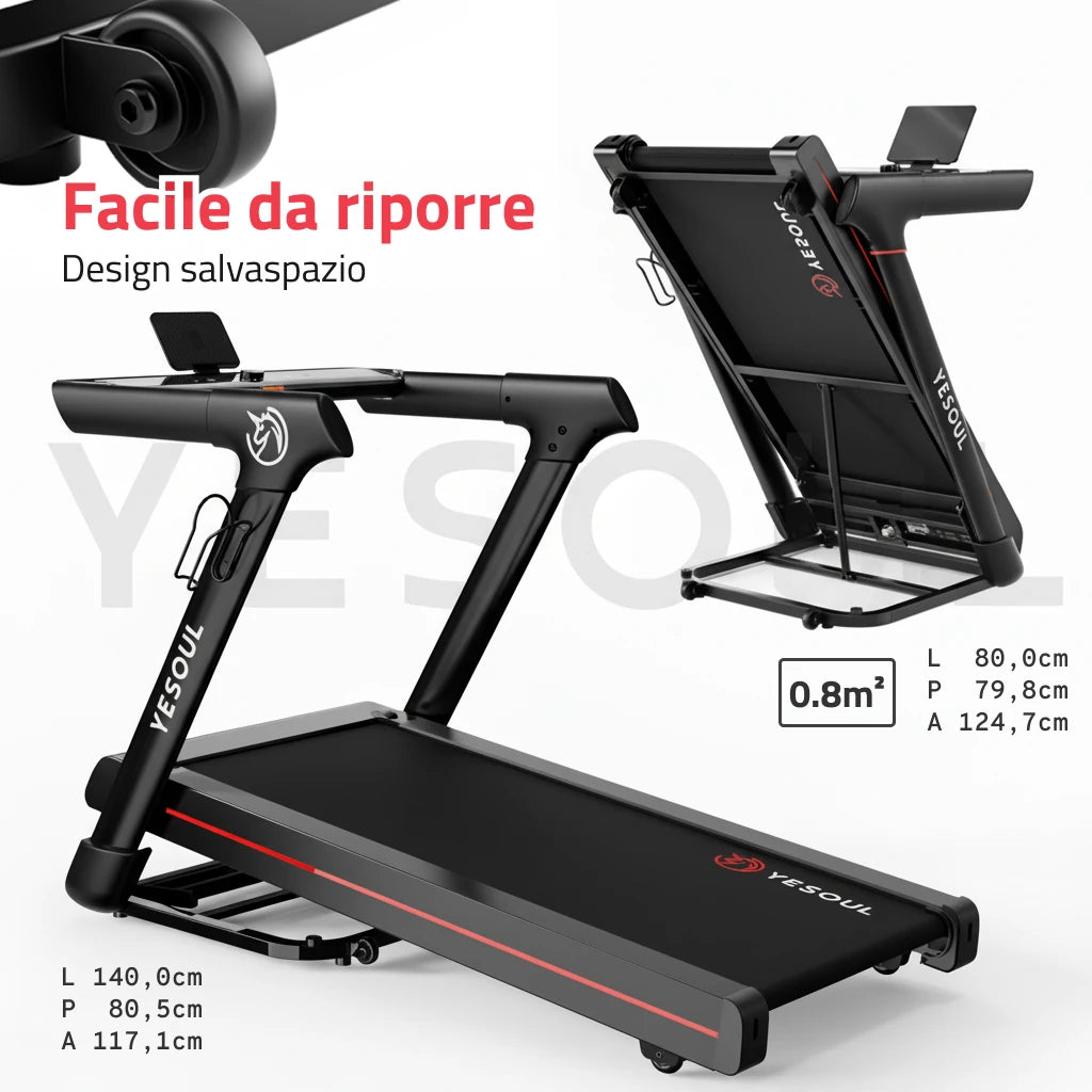 Tapis roulant pieghevole Yesoul T3 Pro visto di profilo, struttura compatta e salvaspazio