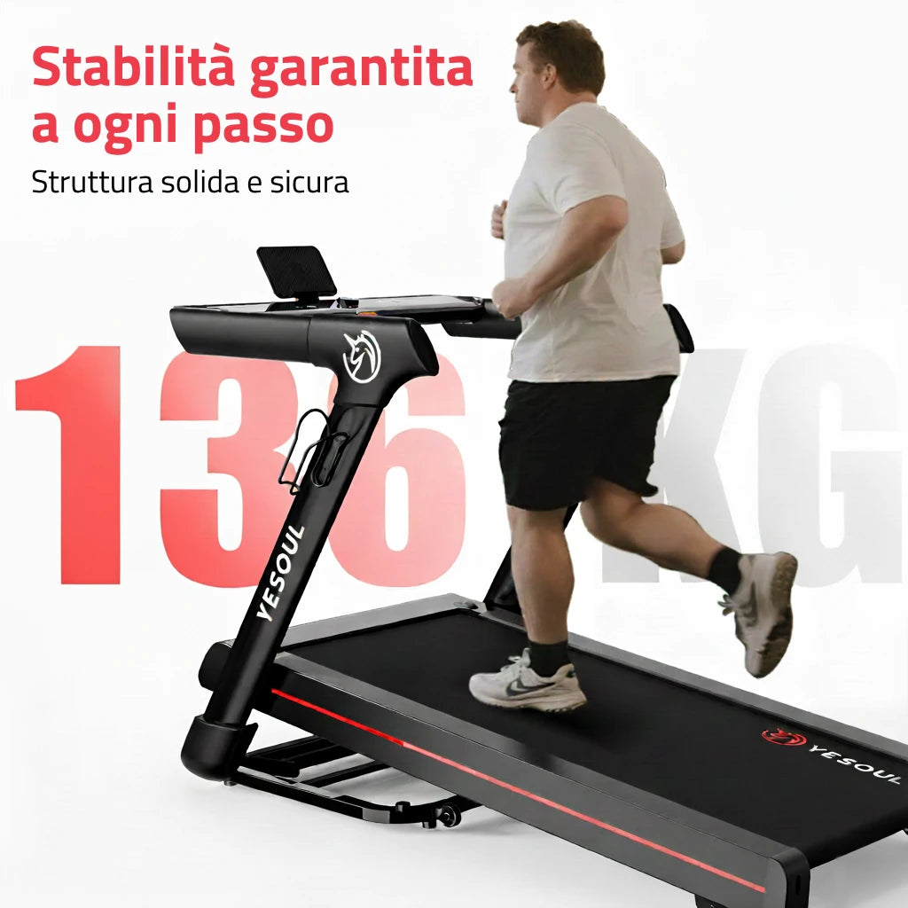 Utente che corre sul tapis roulant Yesoul T3 Pro, vista laterale durante l’utilizzo. Supporto fino a 136 kg a supportare l'attività fisica di ogni taglia.