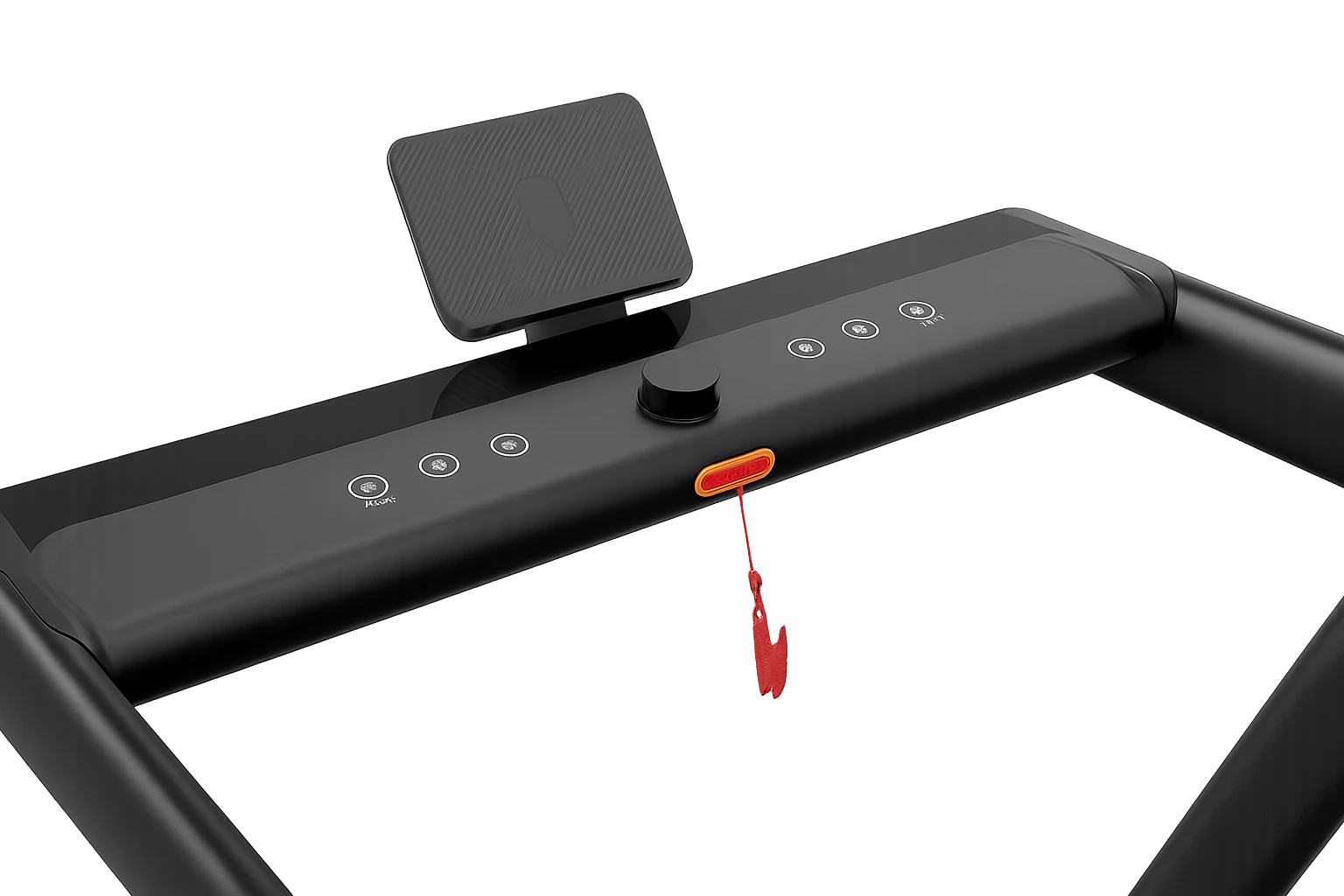 Dettaglio della console del tapis roulant T3 Pro con pulsanti di controllo, manopola centrale, supporto per tablet e chiave di sicurezza con cordino.