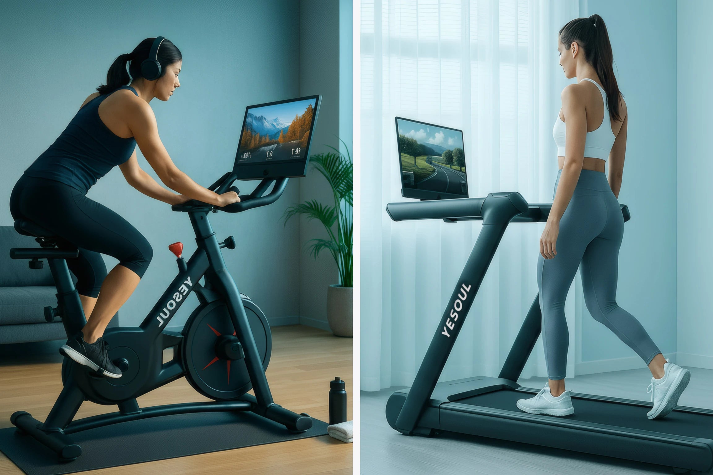 Confronto tra allenamento indoor su bike Yesoul e tapis roulant Yesoul, con due persone che si allenano in ambienti interni separati