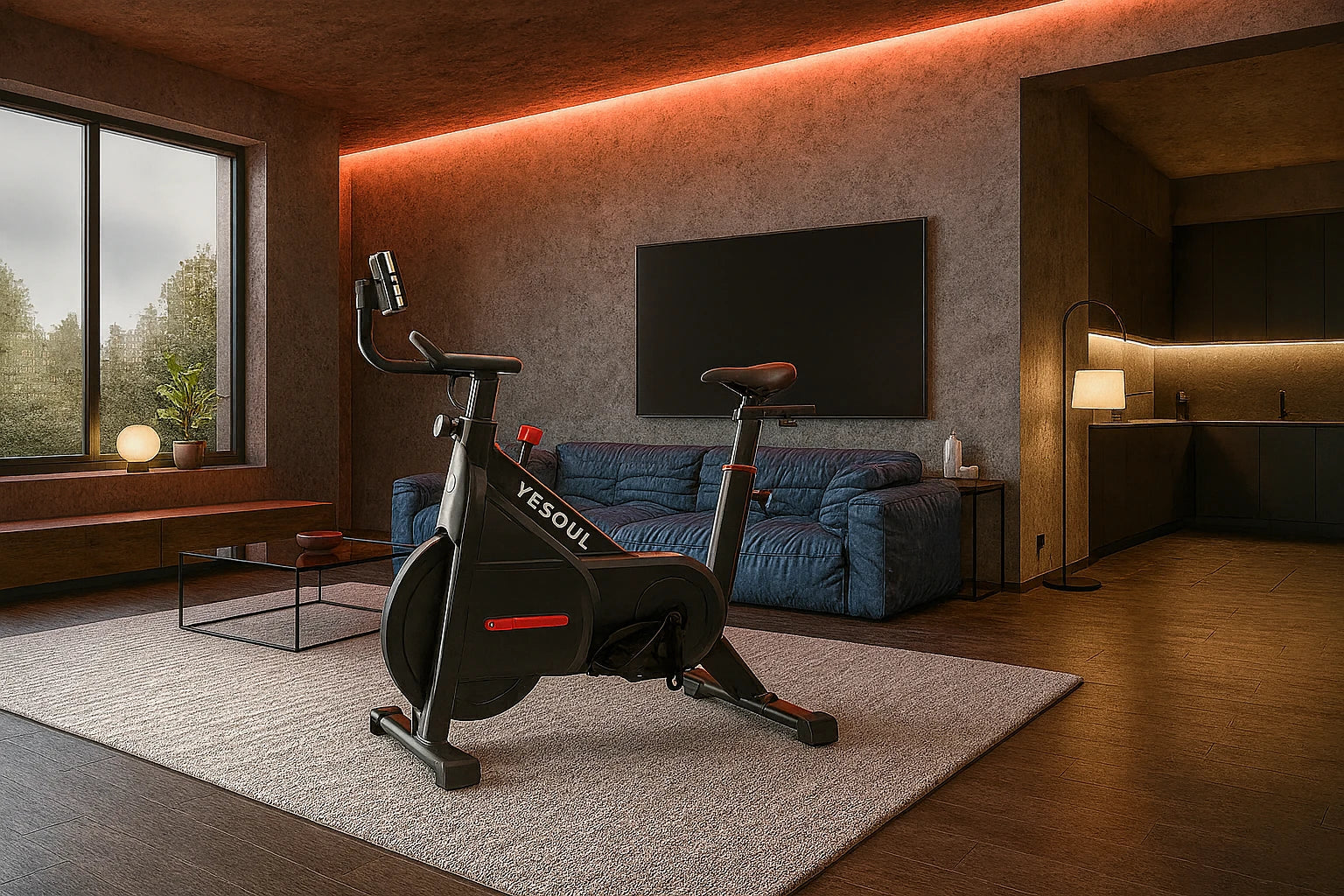 Cyclette smart Yesoul C1A in un soggiorno moderno, con dettagli rossi.