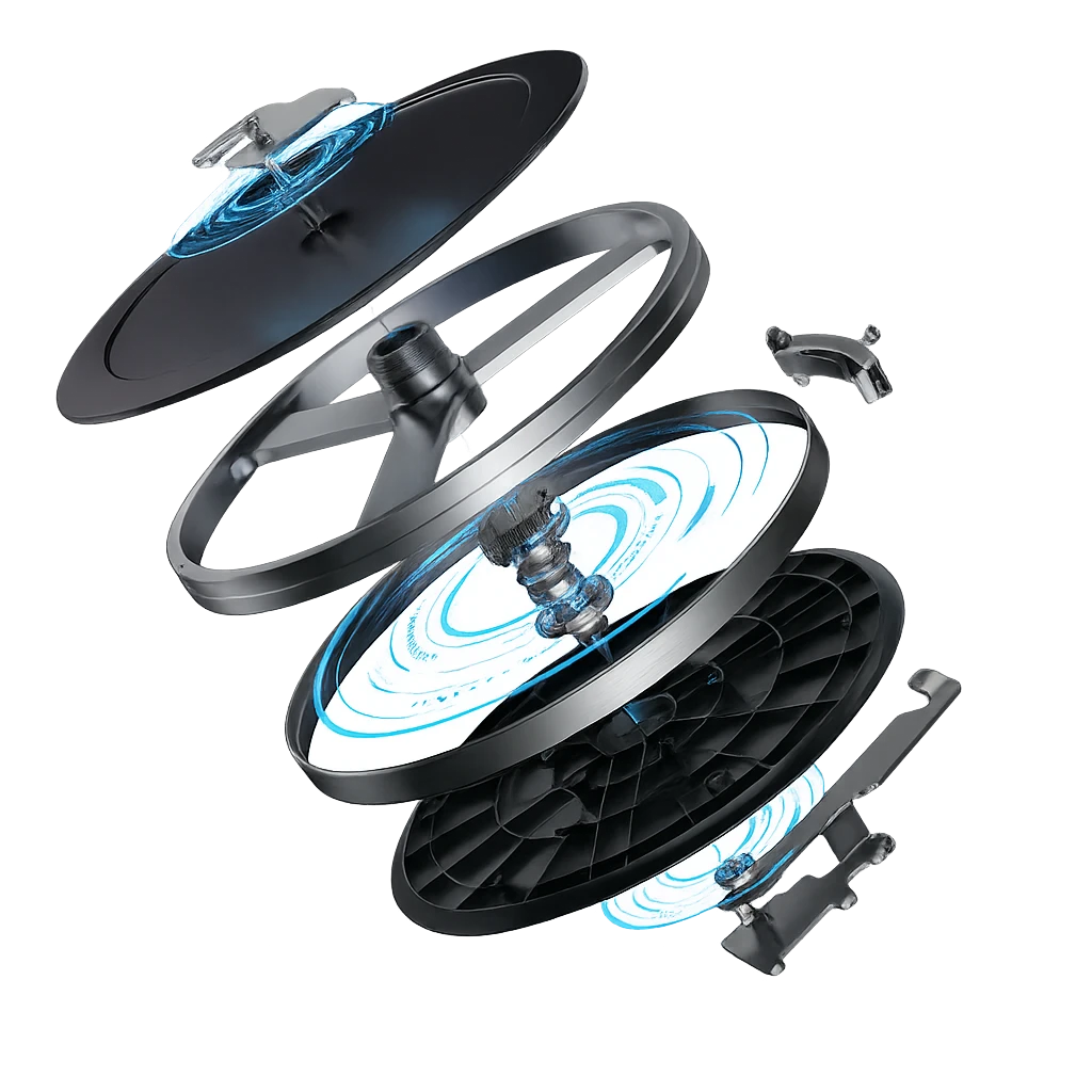 Volano anteriore in alluminio della Yesoul C1A mostrato in vista esplosa.