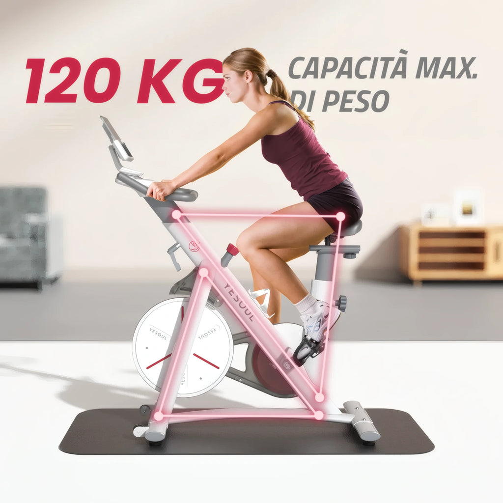 Donna che pedala su bike indoor Yesoul S3 con struttura evidenziata graficamente e indicazione della capacità massima di peso fino a 120 kg