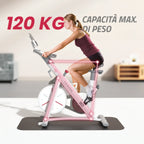 Donna che pedala su bike indoor Yesoul S3 con struttura evidenziata graficamente e indicazione della capacità massima di peso fino a 120 kg