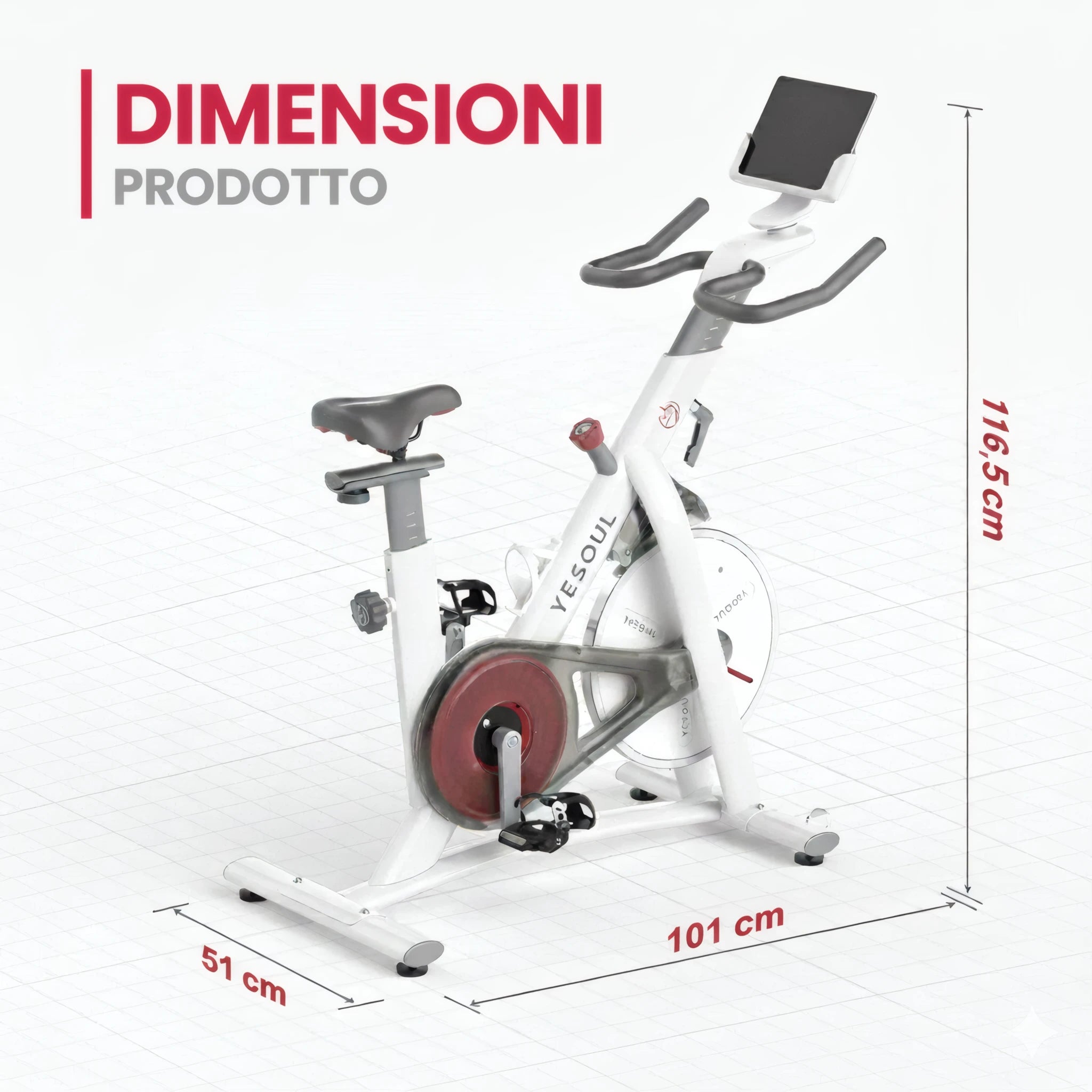 Infografica delle dimensioni della bike indoor Yesoul S3 con indicazione di altezza, lunghezza e larghezza del prodotto. 116,5cm x 101cm x 51cm