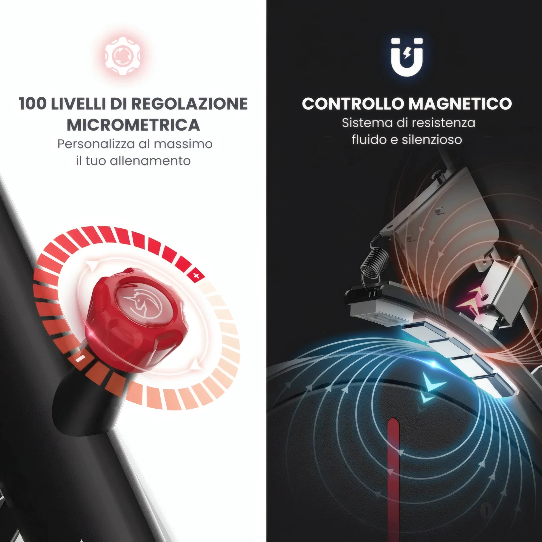 Infografica della bike indoor Yesoul S3 che mostra la regolazione micrometrica su 100 livelli e il sistema di resistenza magnetica con controllo fluido e silenzioso